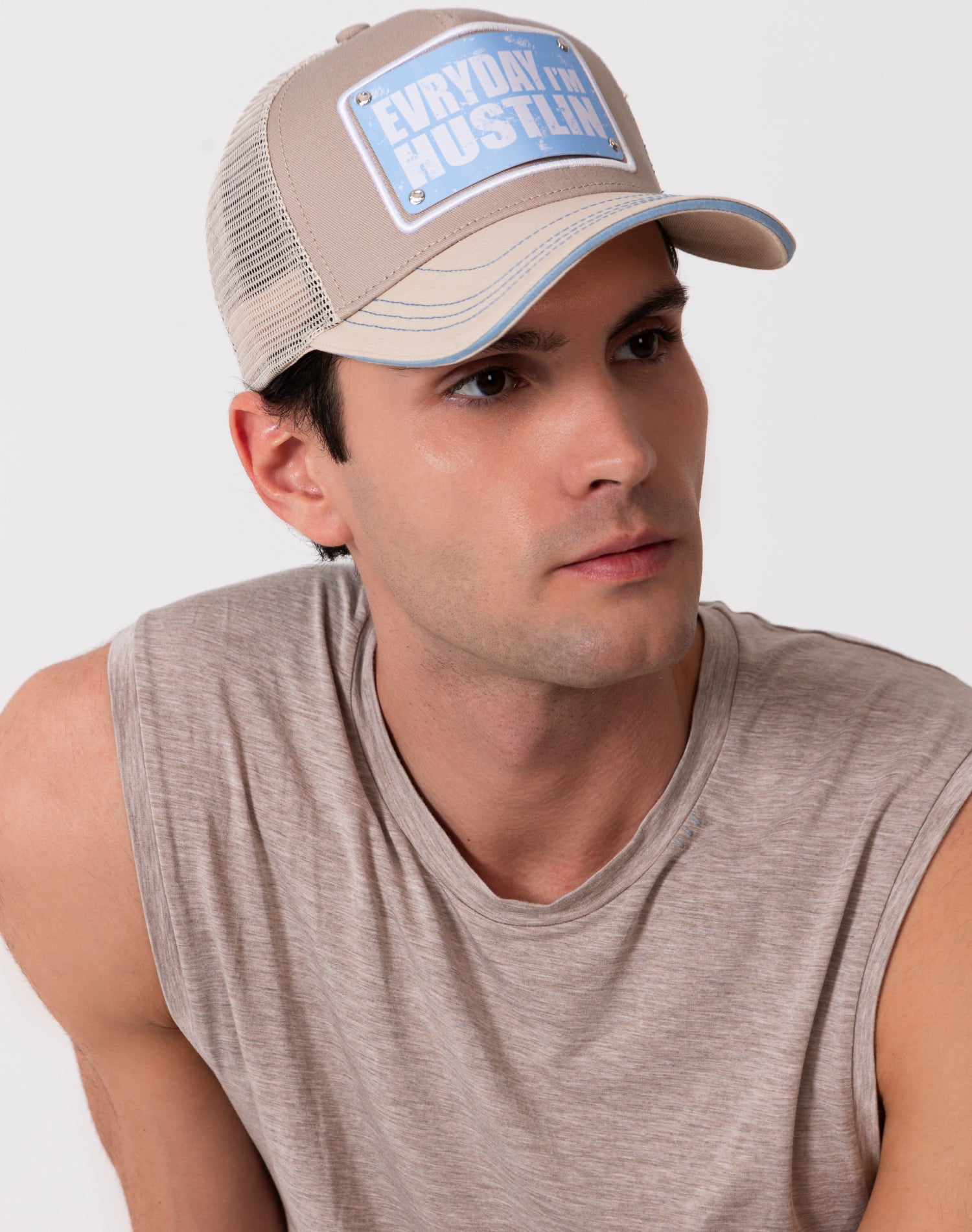 Everyday I’m Hustlin’ Beige Cotton Trucker Cap